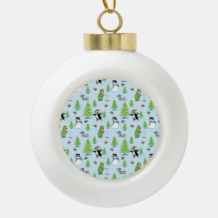Boule En Céramique Patinage de pingouin de Noël et pêcheur d'ours
