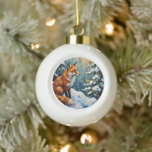 Boule En Céramique Peinture de Noël Renard Rouge et Mésanges Vintage