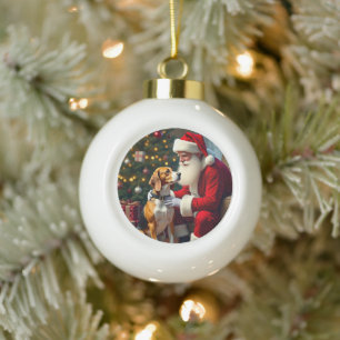 Boule En Céramique Peinture de Noël Rencontre de Beagle et Père Noël