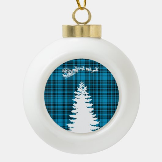 Boule En Céramique père Noël arbre de Noël bleu à damiers plaid (Devant)