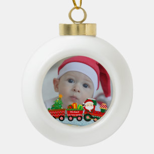 Boule En Céramique Père Noël dans un train avec des cadeaux et un sap
