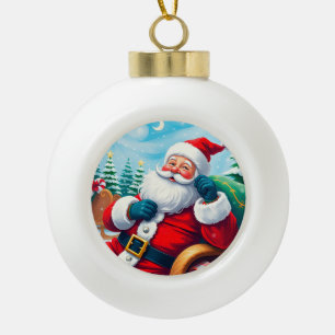 Boule En Céramique Père Noël se détendant dans un traîneau de Noël co