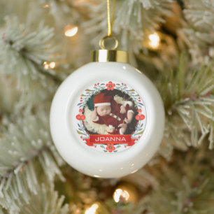 Boule En Céramique Photo de Noël de bébé pour son premier Noël floral