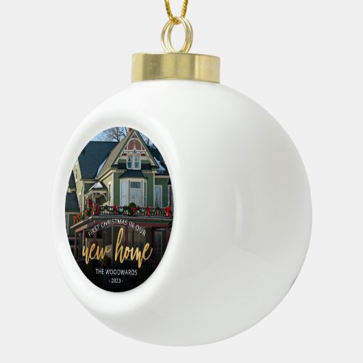 Boule En Céramique Photo First Christmas New Home Gold Script (Droite)