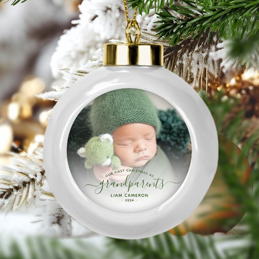 Boule En Céramique Photo Grand-parents First Christmas Green Script
