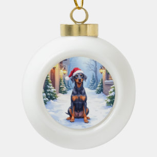Boule En Céramique Pinscher allemand Courtyard enneigé Chapeau de Pèr