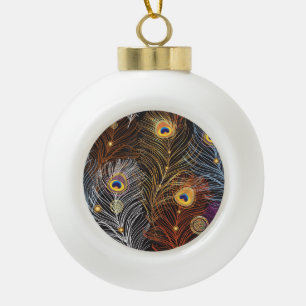 Boule En Céramique Plumes de paon doré : motif foncé.
