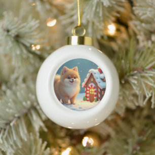 Boule En Céramique Pomeranian dans le village de pain d'épice de Noël