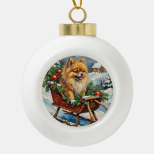 Boule En Céramique Pomeranian vintage dans traîneau de Noël en bois