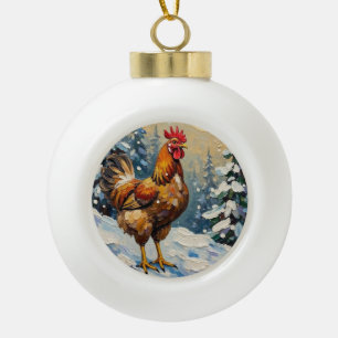 Boule En Céramique Poulet Vintage dans un Paysage de Noël enneigé