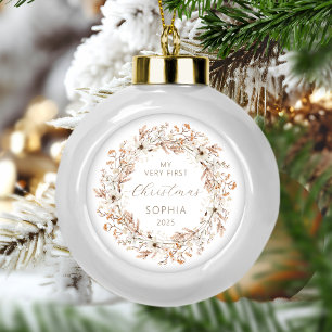 Boule En Céramique Premier Noël de bébé personnalisé avec des fleurs
