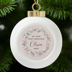 Boule En Céramique Premier Noël du bébé avec cadre floral doux