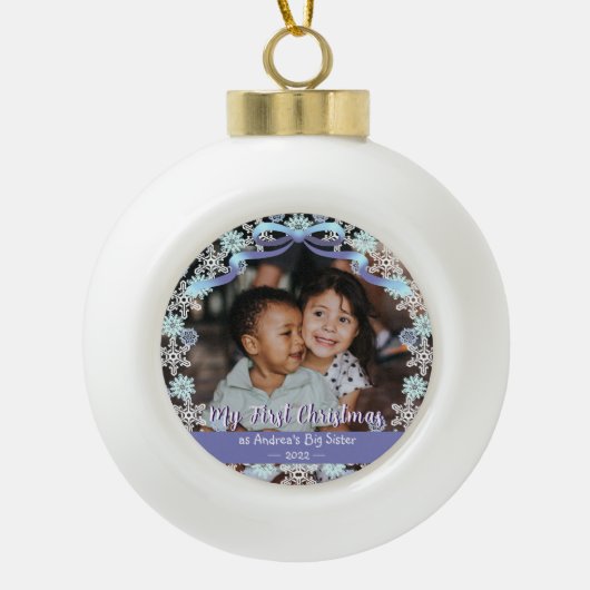 Boule En Céramique Premier Noël Grandma Snowflakes Ribbon Bleu clair (Devant)