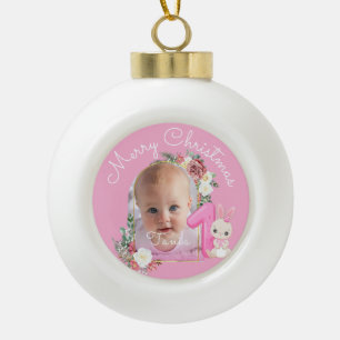 Boule En Céramique Premier Noël Rose Bébé Fille Photo florale