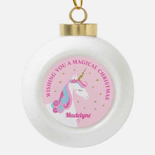 Boule En Céramique Rainbow Unicorn rose Noël personnalisé (Devant)