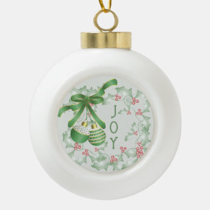 Boule En Céramique Rameaux de houx vert clair rose Noël