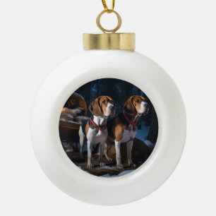 Boule En Céramique Renard américain de Noël sur un traîneau enneigé