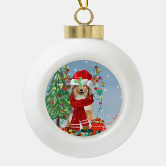 Boule En Céramique Rough Collie Chien dans neige cadeau de Noël (Devant)