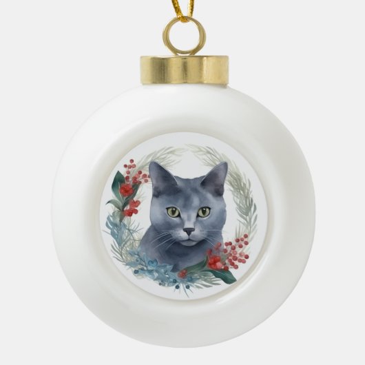Boule En Céramique Russe Blue Chat Noël Wreath Festive Kitten (Devant)