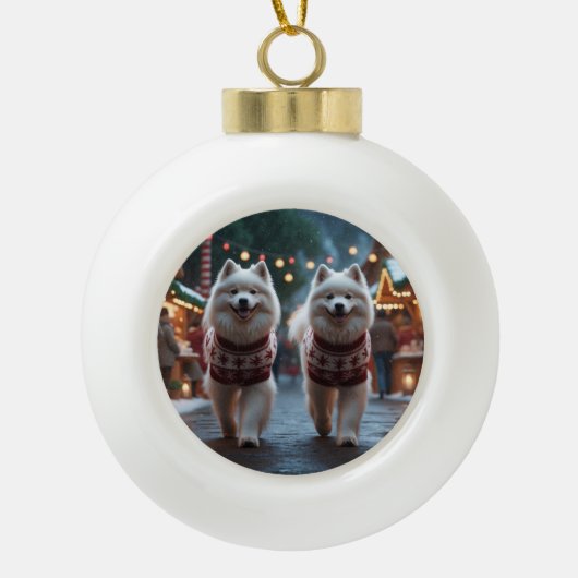 Boule En Céramique Samoyed Dogs Christmas Snow Holiday (Devant)