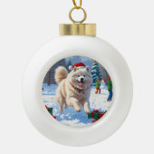 Boule En Céramique Samoyed Running en neige avec Casquette de Noël (Devant)