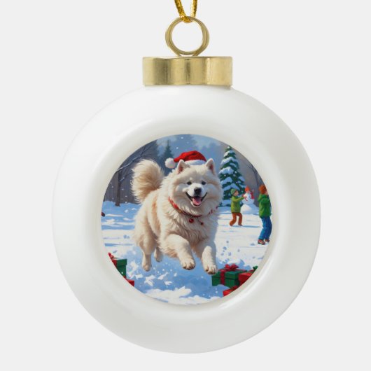 Boule En Céramique Samoyed Running en neige avec Casquette de Noël (Devant)