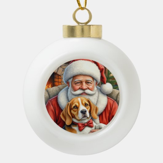 Boule En Céramique Santa Claus Holding Beagle Christmas Art (Devant)