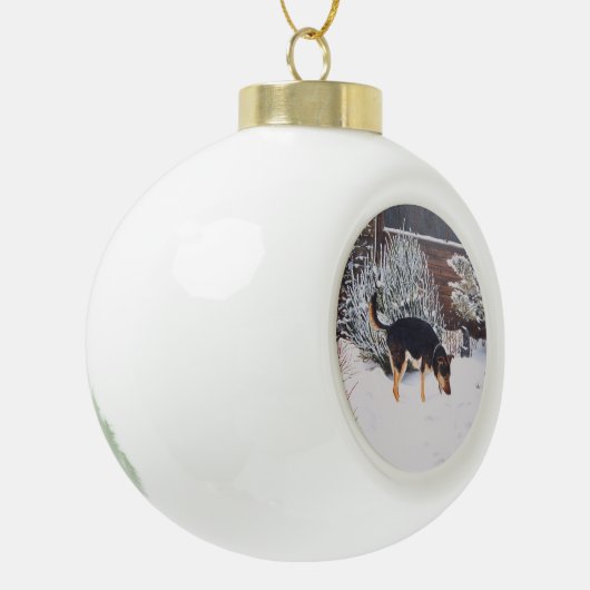 Boule En Céramique Scène de neige d'hiver avec le chien noir et (Gauche)