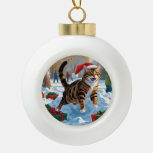 Boule En Céramique Scène de neige festive de Noël avec un chat Bengal