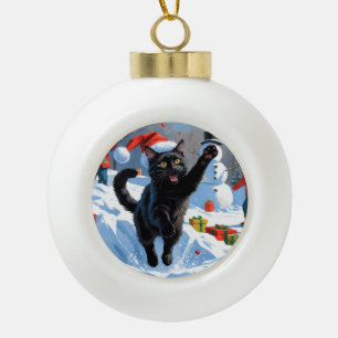 Boule En Céramique Scène de neige festive de Noël Black Cat