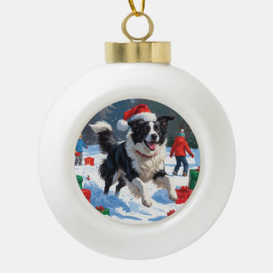 Boule En Céramique Scène de Noël festive Border Collie enneigée