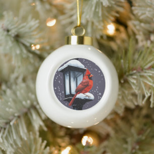 Boule En Céramique Scène D'Hiver Avec Cardinal Bird Fêtes Noël
