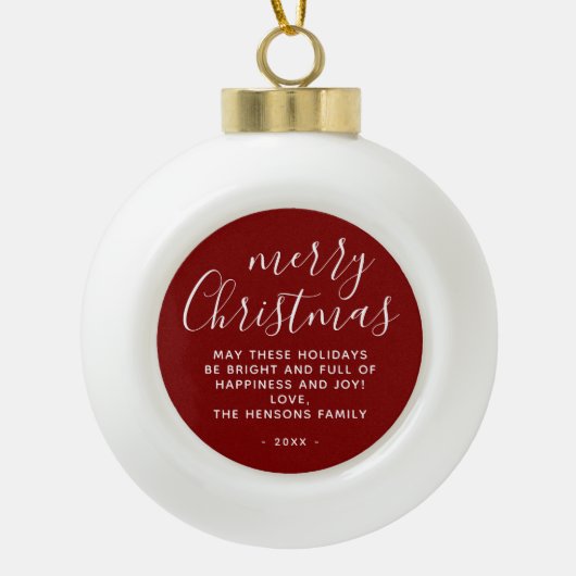 Boule En Céramique Script de Joyeux Noël Rouge Minimal (Devant)