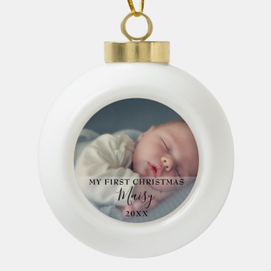 Boule En Céramique Script de premier Noël pour photo de bébé (Devant)