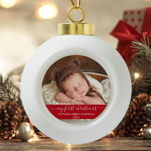 Boule En Céramique Script élégant Mon premier bébé de Noël Rouge