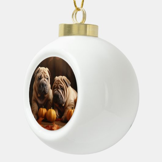 Boule En Céramique Shar Pei Chiot Automne Citrouille de plaisir (Droite)