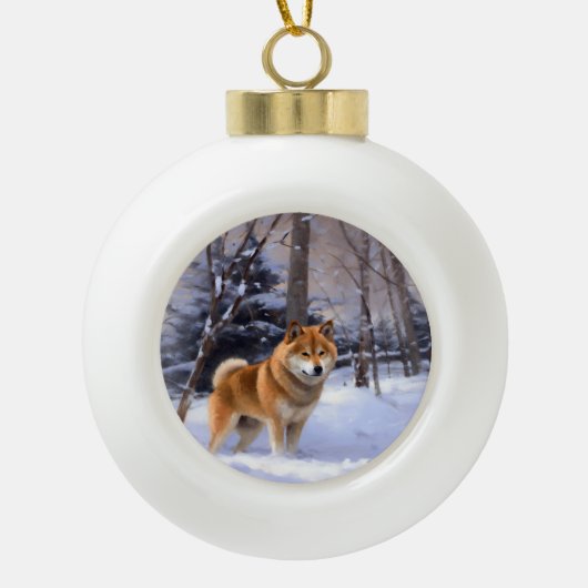Boule En Céramique Shiba Inu Laissez Neige Noël (Devant)