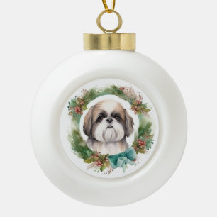 Boule En Céramique Shih Tzu Christmas Wreath Festive Pup