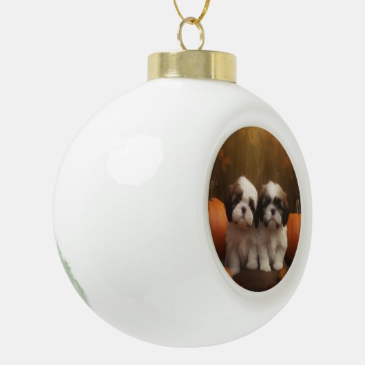 Boule En Céramique Shih Tzu Puppy Automne Citrouille de plaisir (Gauche)
