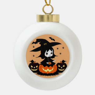 Boule En Céramique Sorcière d'Halloween avec citrouilles
