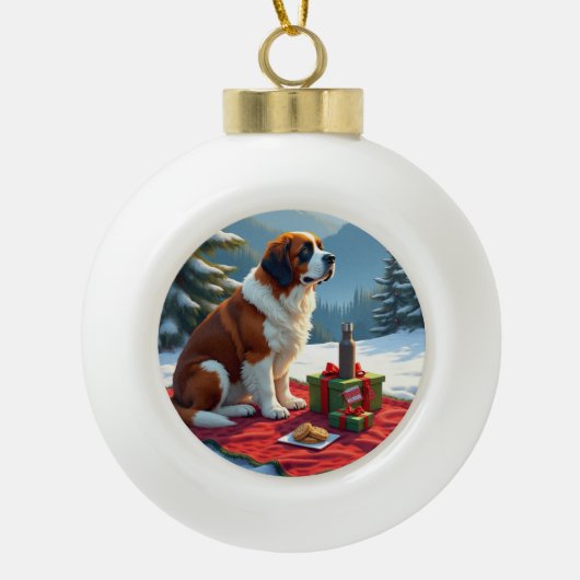 Boule En Céramique St. Bernard Winter Picnic Christmas Painting (Devant)