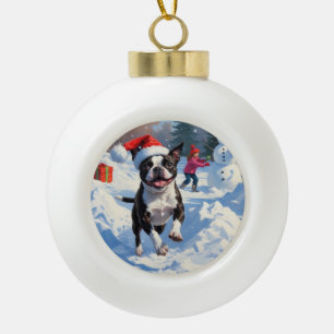 Boule En Céramique Terrier de Boston Scène de neige festive de Noël
