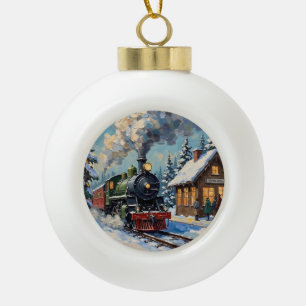 Boule En Céramique Train à vapeur de Noël vintage à la gare enneigée