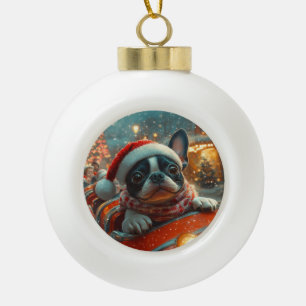 Boule En Céramique Trottinette de chien Boston Terrier Noël