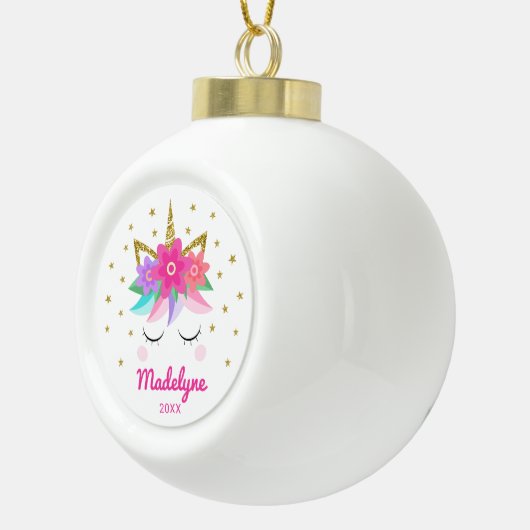 Boule En Céramique Unicorn rose Fleurs Étoiles Nom personnalisé (Droite)