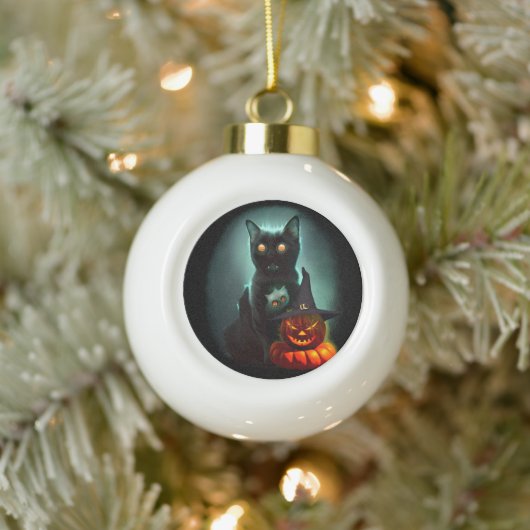 Boule En Céramique Vampire Chat et Assistant Citrouille Halloween Sur (Arbre)