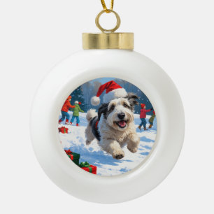 Boule En Céramique Vieux Chien de Berger Anglais courant dans la neig