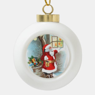Boule En Céramique Vintage Noël-Père Noël regarde par la fenêtre.