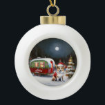 Boule En Céramique Winter Corgi Caravan Christmas Adventure<br><div class="desc">Laissez-vous tenter par la magie d'une nuit d'hiver enneigée alors qu'une caravane glisse gracieusement à travers le paysage illuminé par la lune. La beauté sereine de la neige scintillante et l'éclat enchanteur de la lune créent une scène captivante, promettant une aventure de Noël inoubliable remplie de chaleur, de joie et...</div>