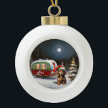 Boule En Céramique Winter Dachshund Caravan Christmas Adventure<br><div class="desc">Laissez-vous tenter par la magie d'une nuit d'hiver enneigée alors qu'une caravane glisse gracieusement à travers le paysage illuminé par la lune. La beauté sereine de la neige scintillante et l'éclat enchanteur de la lune créent une scène captivante, promettant une aventure de Noël inoubliable remplie de chaleur, de joie et...</div>